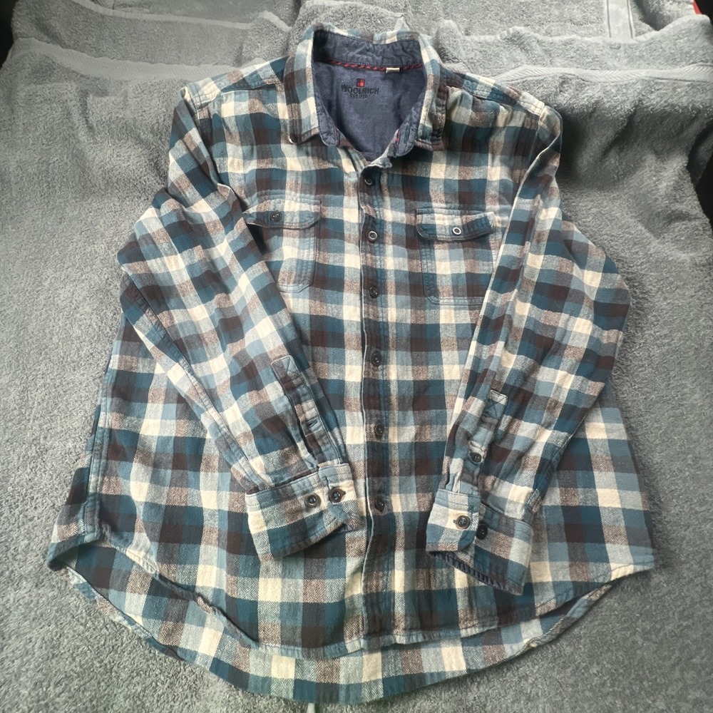 Woolrich Mens XXL Flannel Shirt Blue Plaid Button Up Long Sleeve Outdoor